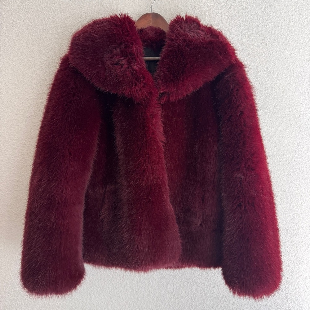 Burgundy faux fur Teddy Jacket with Oversized Collar
